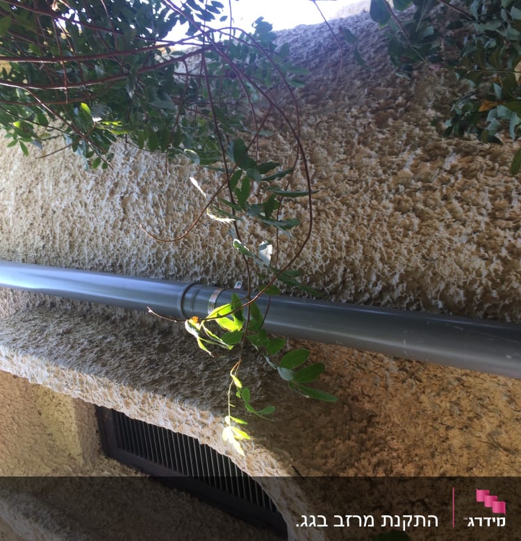 צינור מתכת על קיר מחוספס עם עלים מסביב